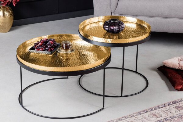 Table basse set de 2 pièces en or noir avec plateaux artisanaux
