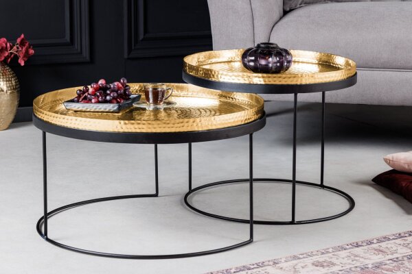 Table basse set de 2 pièces en or noir avec plateaux artisanaux