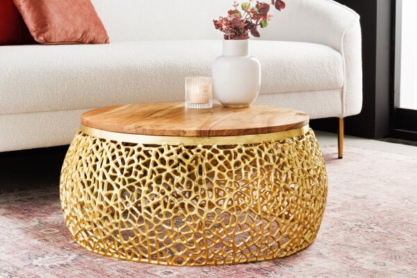 Couchtisch Akazienholz Metall Natur Gold 72x72 cm Handarbeit