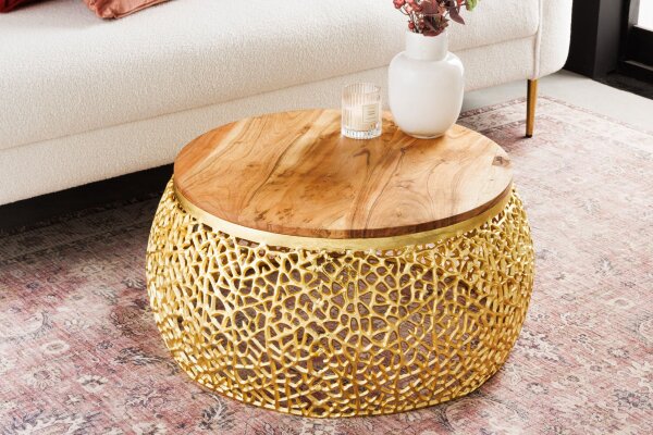 Couchtisch Akazienholz Metall Natur Gold 72x72 cm Handarbeit