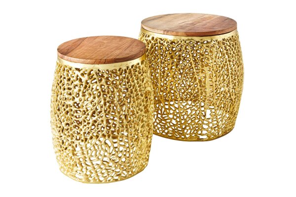 Table basse set de 2 pièces bois métal en or naturel fait main