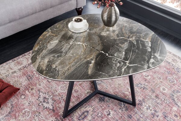 Couchtisch Keramik Hartglas Metall in Taupe Schwarz 70x55 cm