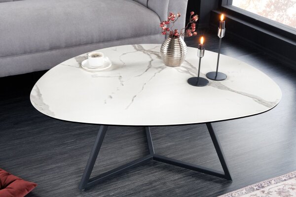 Couchtisch Keramik Hartglas Metall Weiß Schwarz 90x75 cm