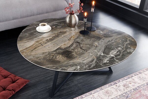 Couchtisch 90x75 cm Keramik Hartglas Metall in Taupe Schwarz