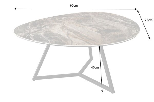 Couchtisch 90x75 cm Keramik Hartglas Metall in Taupe Schwarz