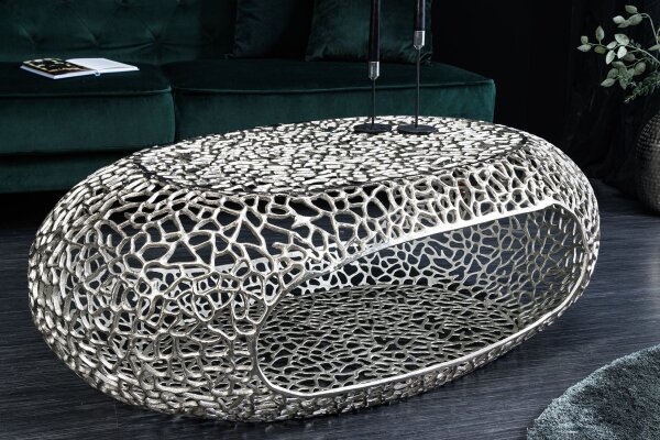 Table basse en métal argenté 119 x 66 cm artisanale