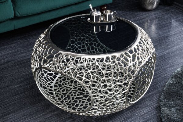 Table basse métal verre trempé argent 74x74 cm artisanale