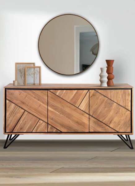 Sideboard 150 cm breit H: 76 cm Modern Akazienholz Metall
