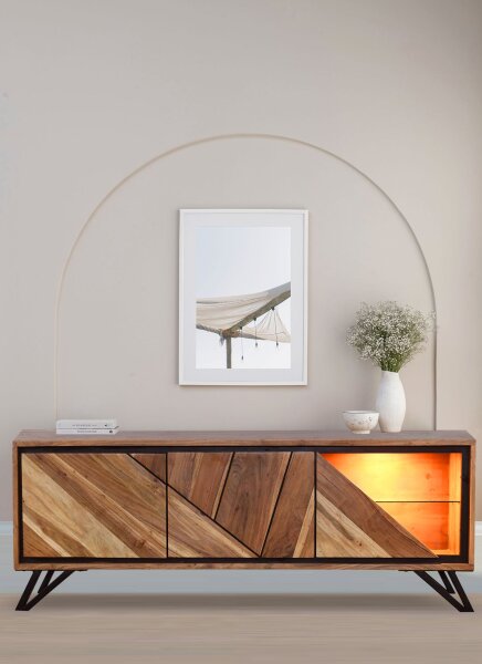 TV lowboard moderne avec éclairage 150 cm bois verre métal