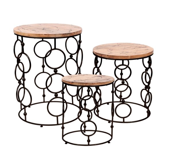 Beistelltisch 3er Set Vintage Design Mangoholz Eisen rund