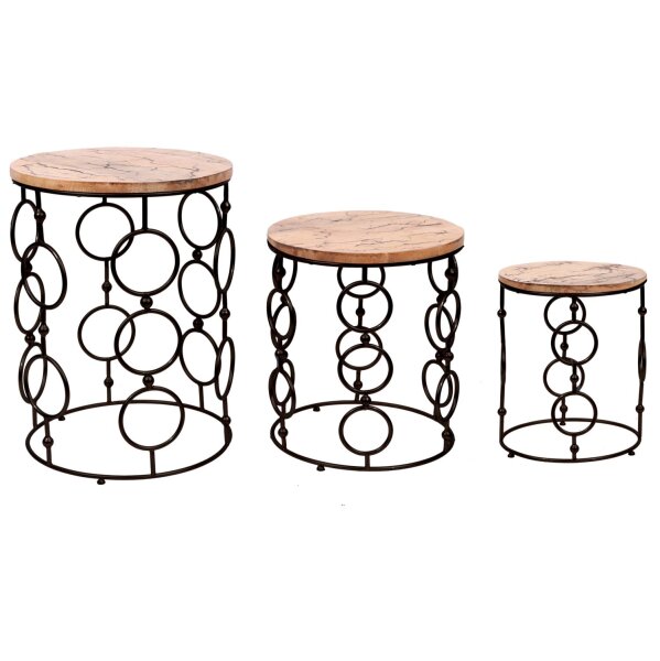 Beistelltisch 3er Set Vintage Design Mangoholz Eisen rund