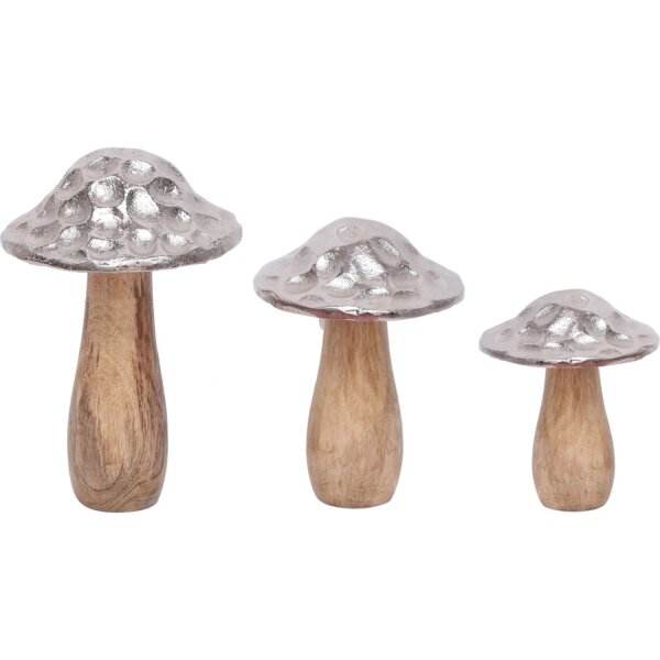 Pilz Statuen 3er Set Deko klein Mangoholz Alu PRESLEY