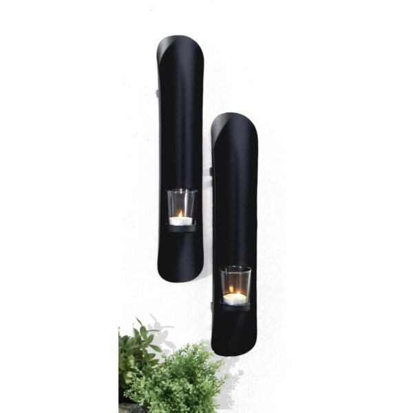 Lot de 2 bougeoirs muraux Noir Métal Verre H : 41,5 cm Moderne