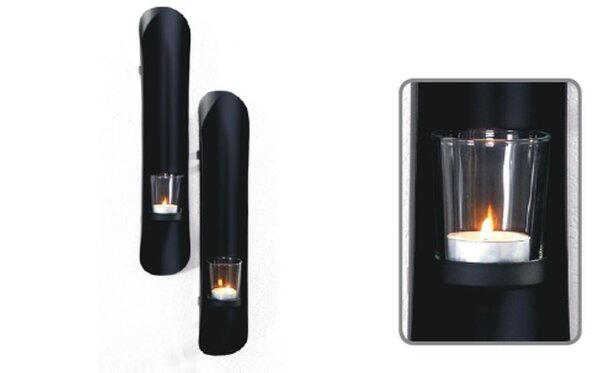 Lot de 2 bougeoirs muraux Noir Métal Verre H : 41,5 cm Moderne
