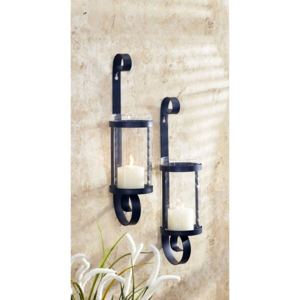 Bougeoirs muraux (set de 2) Rustique Noir H : 38cm Acier Verre