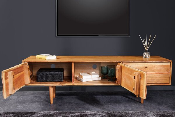Meuble TV en bois 145 cm fait main 2 tiroirs portes