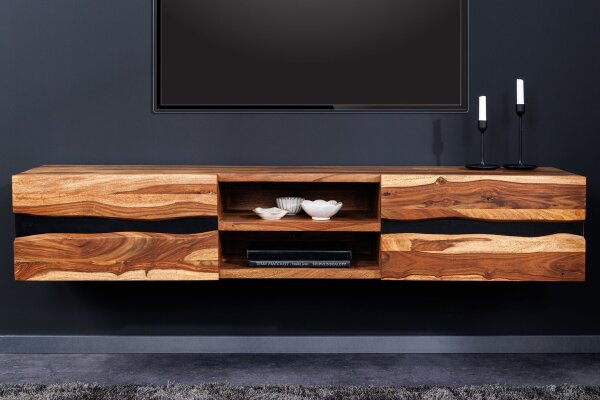 Meuble TV suspendu bois de sheesham métal 160 cm bord darbre