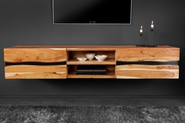 TV Lowboard suspendu en bois dacacia métal 160 cm bord darbre