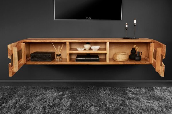 TV Lowboard suspendu en bois dacacia métal 160 cm bord darbre