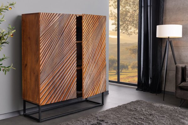 Highboard Holz Metall 100 x 120 cm in Braun Schwarz 3D Muster