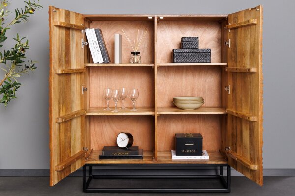 Highboard Holz Metall 100 x 120 cm in Braun Schwarz 3D Muster