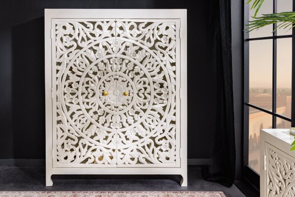 Highboard Weiß Gold 110 x 140 cm Handarbeit dekorativ Holz
