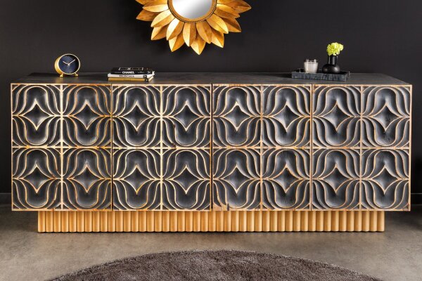 Sideboard groß 177 cm 3D-Ornamente Holz Grau Gold Blau