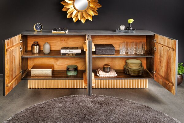Sideboard groß 177 cm 3D-Ornamente Holz Grau Gold Blau