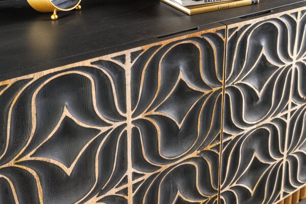 Sideboard groß 177 cm 3D-Ornamente Holz Grau Gold Blau
