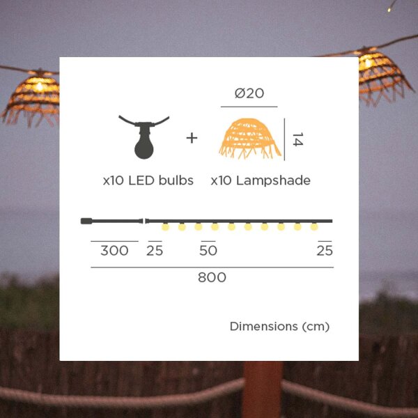 Guirlande lumineuse solaire LED 1800 K 5 m de long jute fibre naturelle