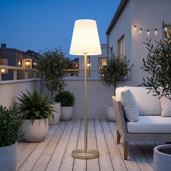 LED Stehlampe Solar 119cm Farbwechsel Dimmer Messing Weiß IP65
