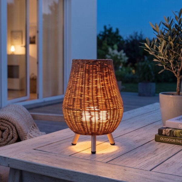 Tischleuchte LED kabellos Rattan Akku IP54 H: 32,5 cm dimmbar
