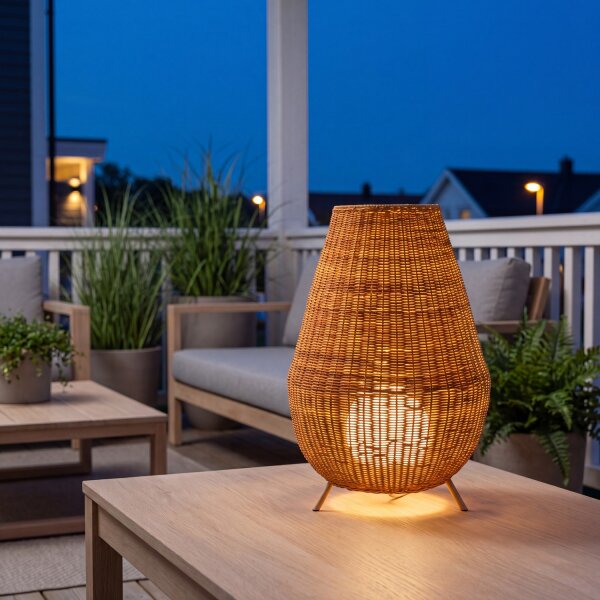 LED Tischlampe außen Rattan Akku IP54 72 cm kabellos Dimmer