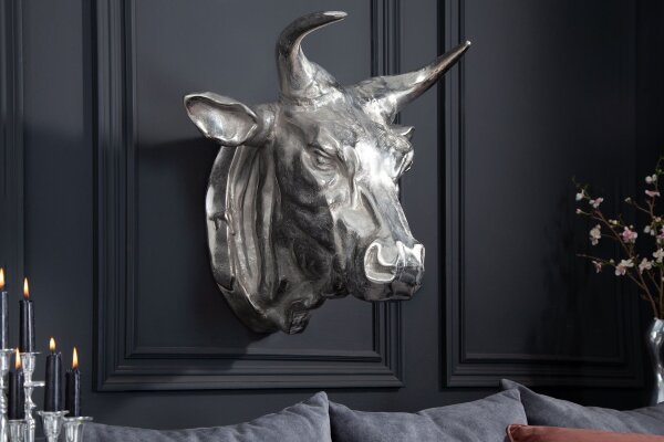 Wanddeko Stierkopf Metall in Silber B: 65 cm Jagdtrophäe