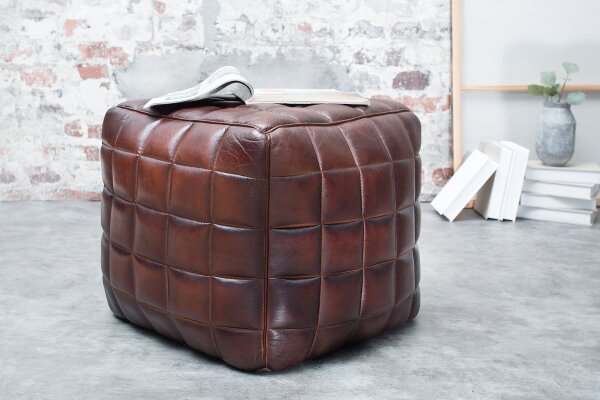 Hocker Leder Braun B: 40 cm Würfel mit Ziersteppung