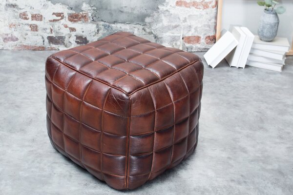 Hocker Leder Braun B: 40 cm Würfel mit Ziersteppung
