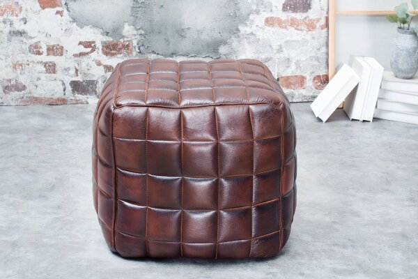 Hocker Leder Braun B: 40 cm Würfel mit Ziersteppung