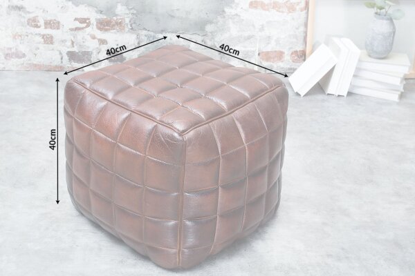 Hocker Leder Braun B: 40 cm Würfel mit Ziersteppung