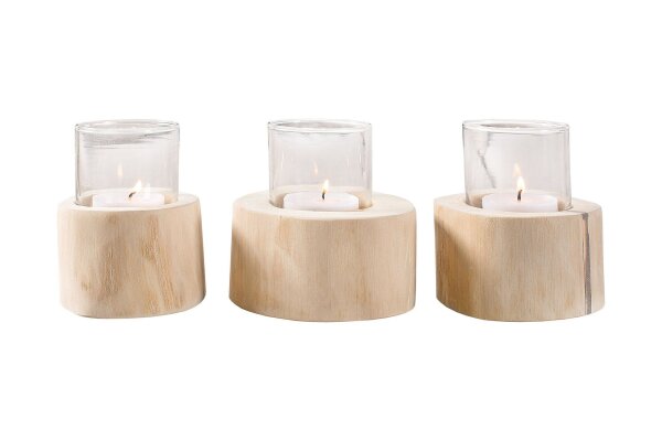Set de 3 bougies chauffe-plat en teck, verre unique pour lextérieur et lintérieur