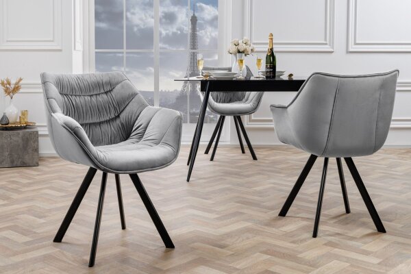 Chaise de salle à manger velours métal gris noir avec accoudoirs