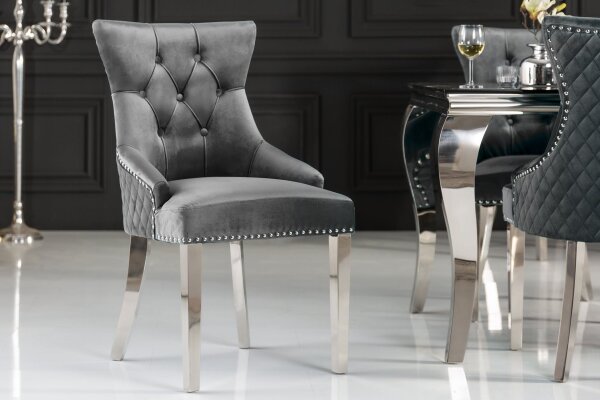 Esszimmerstuhl Grau Silber aus Samt Edelstahl Chesterfield