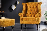 Fauteuil à oreilles Chesterfield velours bois...