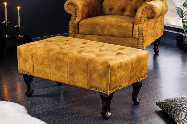 Hocker Samt Holz 45 x 80 cm in Gelb Braun Chesterfield