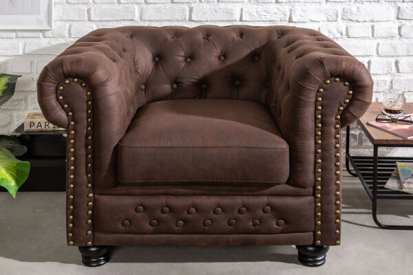 Fauteuil Chesterfield brun antique L : 110 cm en tissu bois