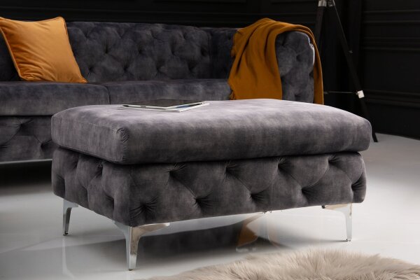 Pouf velours métal Chesterfield gris argenté L : 92 cm