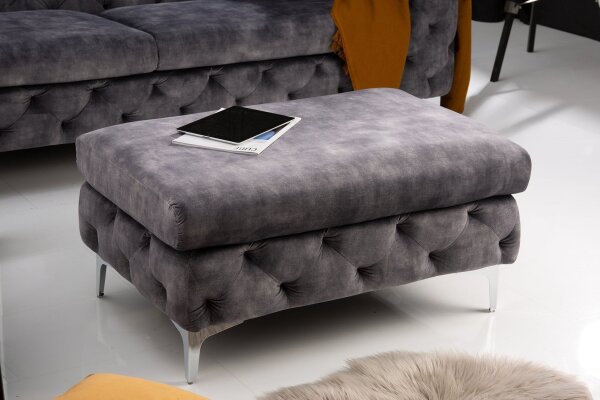 Pouf velours métal Chesterfield gris argenté L : 92 cm