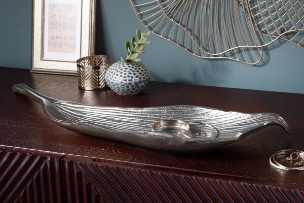Dekoschale Metall L: 64 cm in Silber Blatt Design Handarbeit