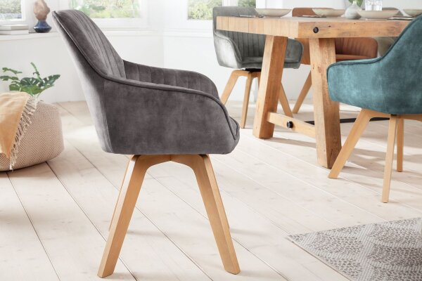 Chaise pivotante Gris Naturel sans roulettes Rétro avec accoudoirs Velours Bois