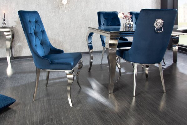 Esszimmerstuhl Blau Silber Barock aus Samt Metall mit Griff