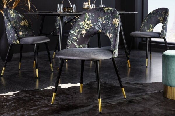 Chaise de salle à manger sans accoudoirs velours métal motif floral gris